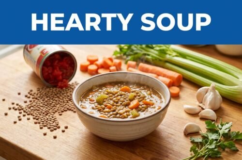 A steaming bowl of lentil soup with vegetables, lentils, tomatoes, and herbs on a wooden counter.