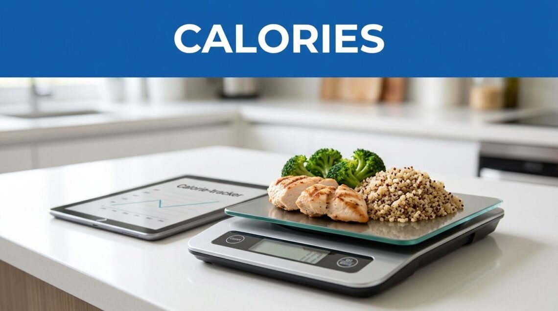 A food scale weighs chicken, broccoli, and quinoa beside a calorie chart tablet.