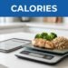 A food scale weighs chicken, broccoli, and quinoa beside a calorie chart tablet.