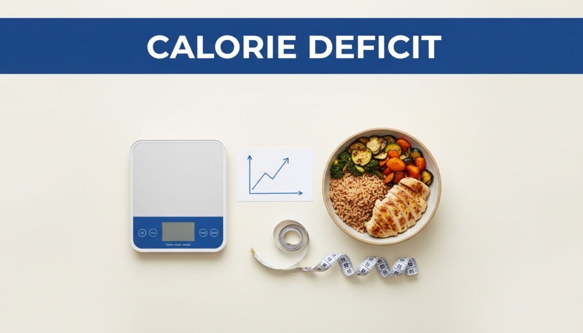 A healthy meal, kitchen scale, measuring tape, and rising chart appear below a blue Calorie Deficit banner.