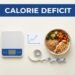 A healthy meal, kitchen scale, measuring tape, and rising chart appear below a blue Calorie Deficit banner.