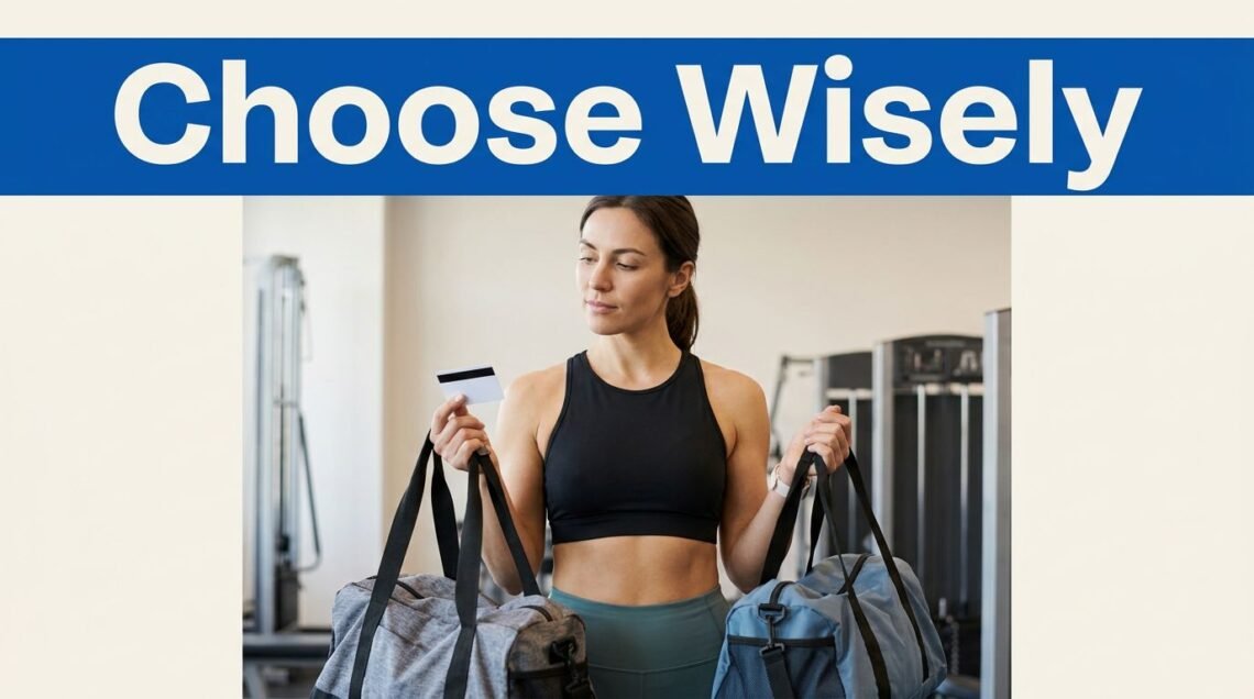 Woman compares two gym bags while holding a gym membership card.
