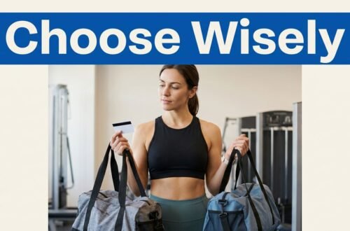 Woman compares two gym bags while holding a gym membership card.