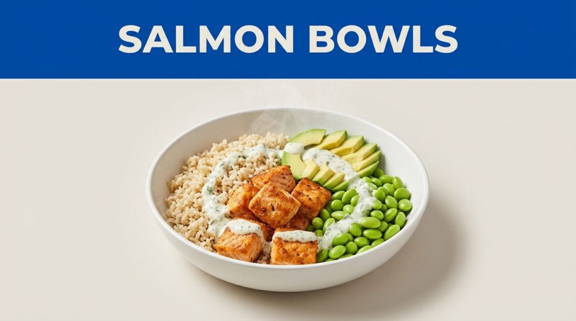 White bowl of salmon, brown rice, avocado, edamame, and creamy sauce under a blue header.