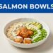 White bowl of salmon, brown rice, avocado, edamame, and creamy sauce under a blue header.