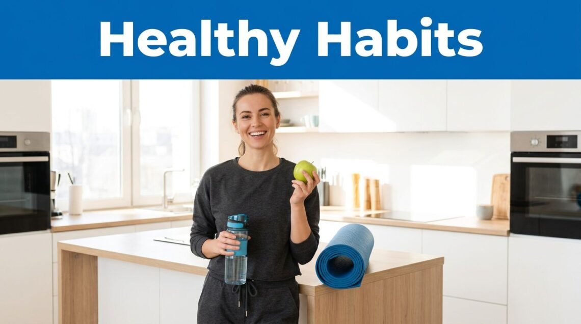 Woman holding an apple and water bottle beside a yoga mat in a bright kitchen.