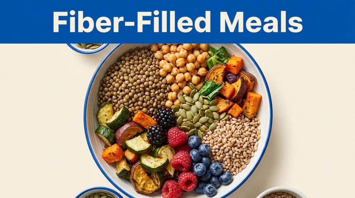 An overhead bowl holds lentils, chickpeas, vegetables, berries, seeds, and grains beneath a blue headline.