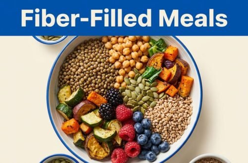 An overhead bowl holds lentils, chickpeas, vegetables, berries, seeds, and grains beneath a blue headline.