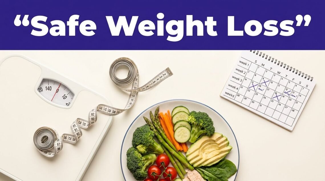 A scale, measuring tape, healthy meal, and four-week calendar arranged on a light background.