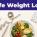 A scale, measuring tape, healthy meal, and four-week calendar arranged on a light background.