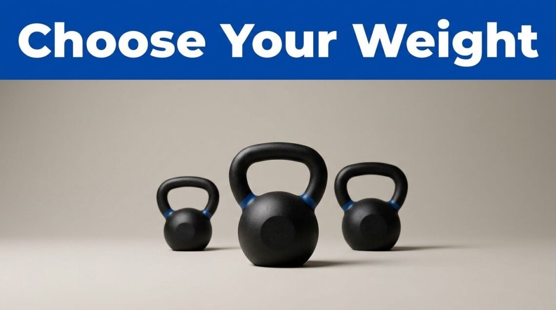 Three graduated kettlebells beneath a blue banner, with the medium one in focus.