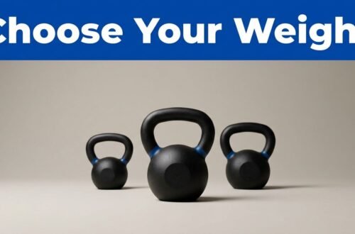 Three graduated kettlebells beneath a blue banner, with the medium one in focus.
