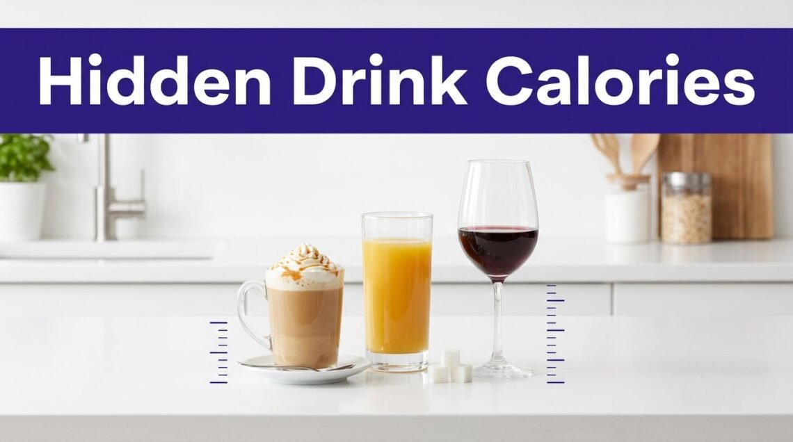 Latte, juice, and wine sit beside measuring marks and sugar cubes on a kitchen counter.