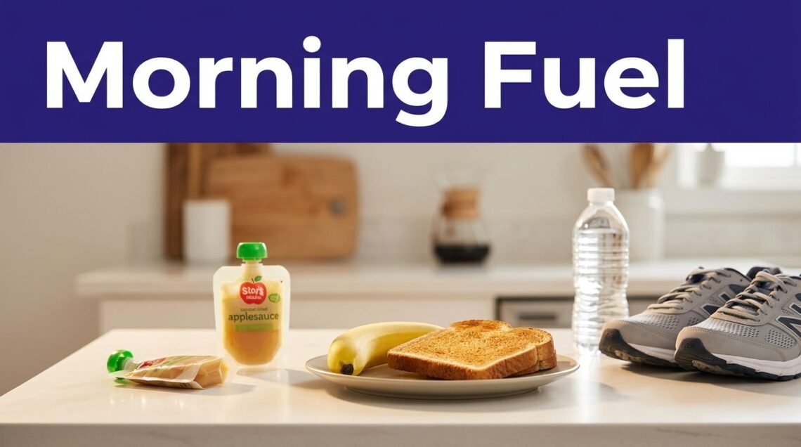 A dawn kitchen counter with a banana, toast, applesauce, water bottle, and running shoes beneath a Morning Fuel banner.