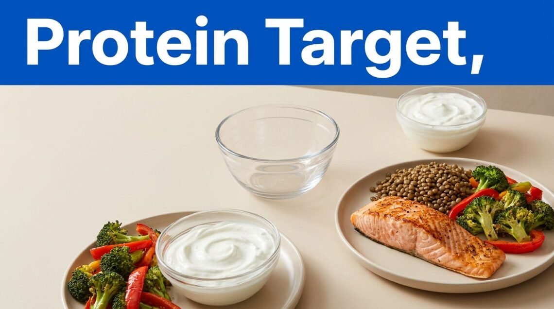 A high-protein meal sits beneath a blue banner labeled Protein Target.