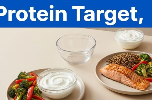 A high-protein meal sits beneath a blue banner labeled Protein Target.