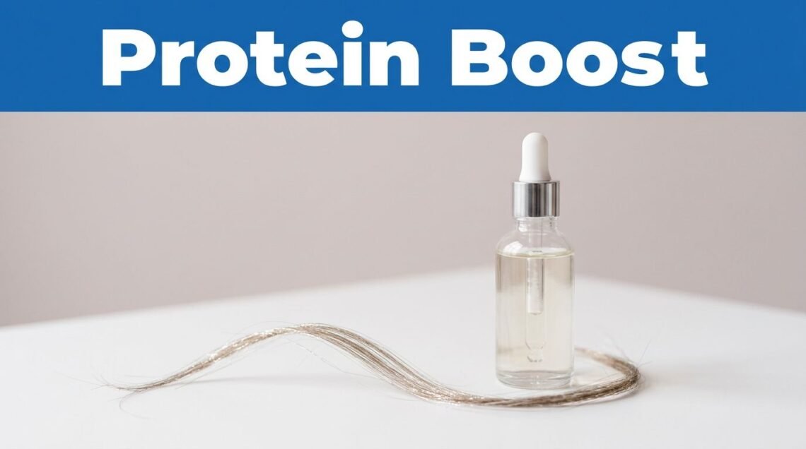 A protein treatment bottle beside a shimmering strand of fine hair.