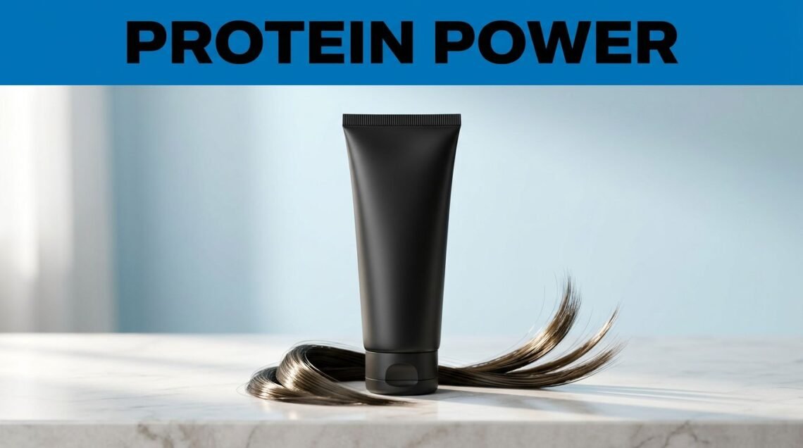 A black hair treatment tube beside glossy strands on a marble counter under a blue banner.