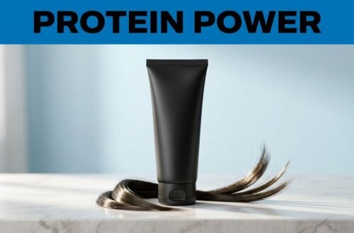 A black hair treatment tube beside glossy strands on a marble counter under a blue banner.
