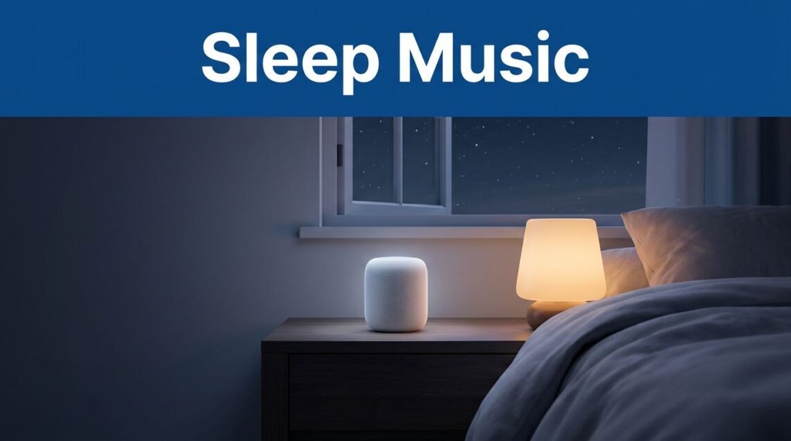 A glowing white speaker on a nightstand in a cozy bedroom beside an amber lamp.