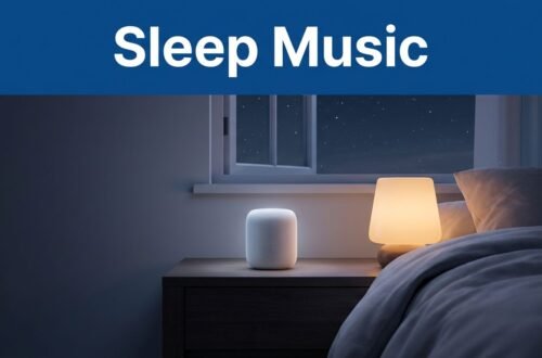 A glowing white speaker on a nightstand in a cozy bedroom beside an amber lamp.