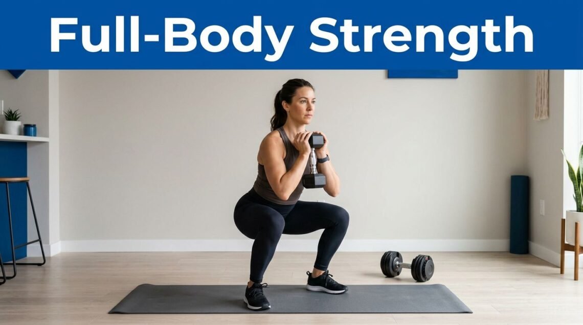 Woman doing a goblet squat on a yoga mat with dumbbells beside her.