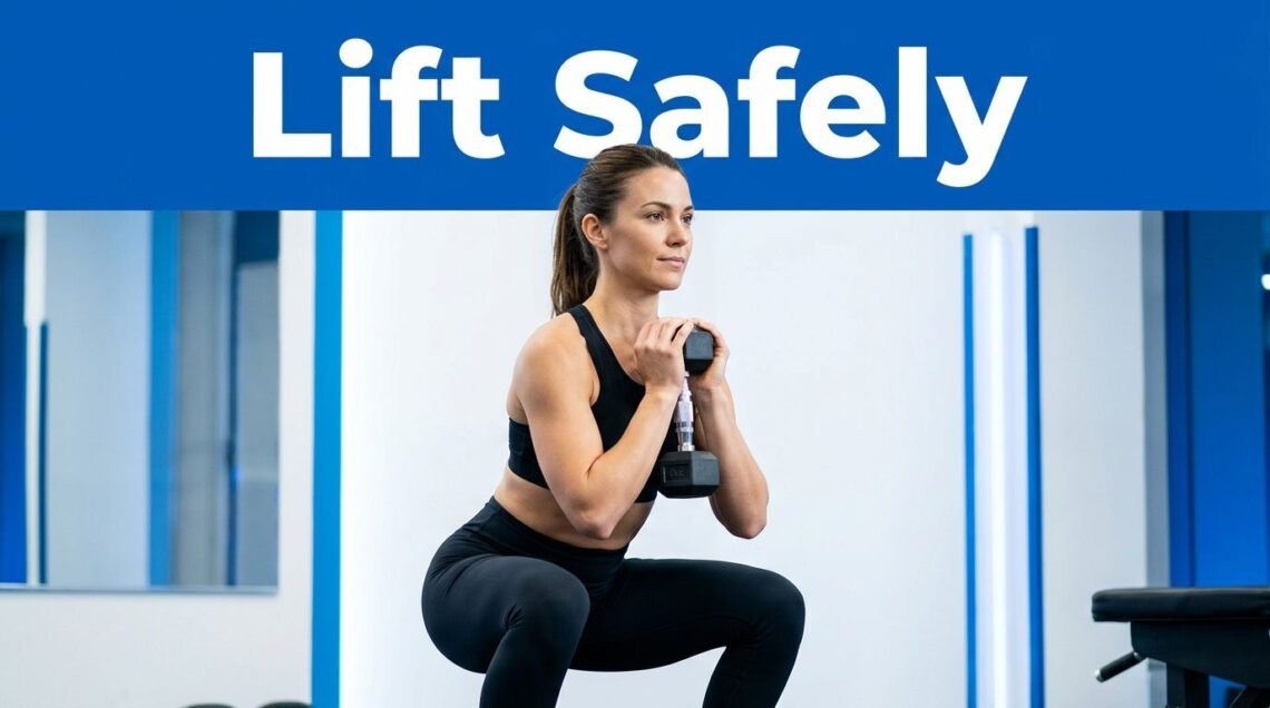 A woman performs a goblet squat beneath a blue Lift Safely banner.