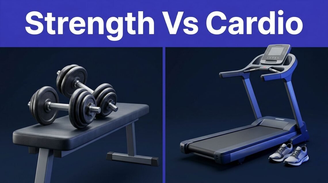 Split fitness scene with weights on the left and a treadmill with running shoes on the right.