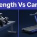 Split fitness scene with weights on the left and a treadmill with running shoes on the right.
