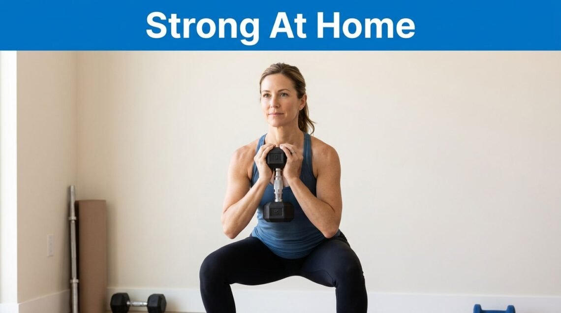 Woman doing a dumbbell squat on a yoga mat beneath a blue “Strong At Home” banner.