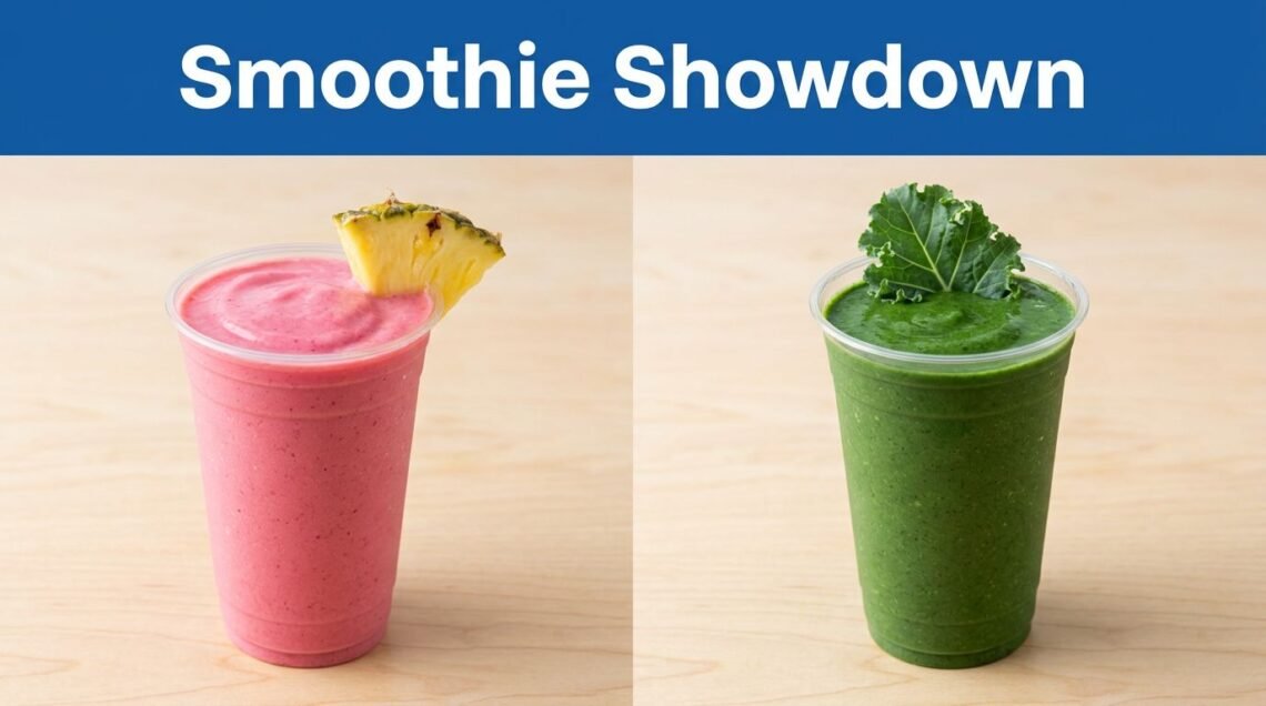 Pink tropical and green superfood smoothies in matching clear cups.