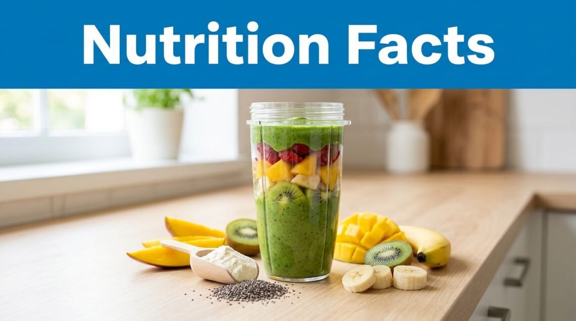 Layered tropical smoothie with chia seeds, protein powder, and fruit slices on a kitchen counter.
