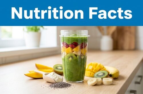 Layered tropical smoothie with chia seeds, protein powder, and fruit slices on a kitchen counter.