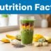 Layered tropical smoothie with chia seeds, protein powder, and fruit slices on a kitchen counter.