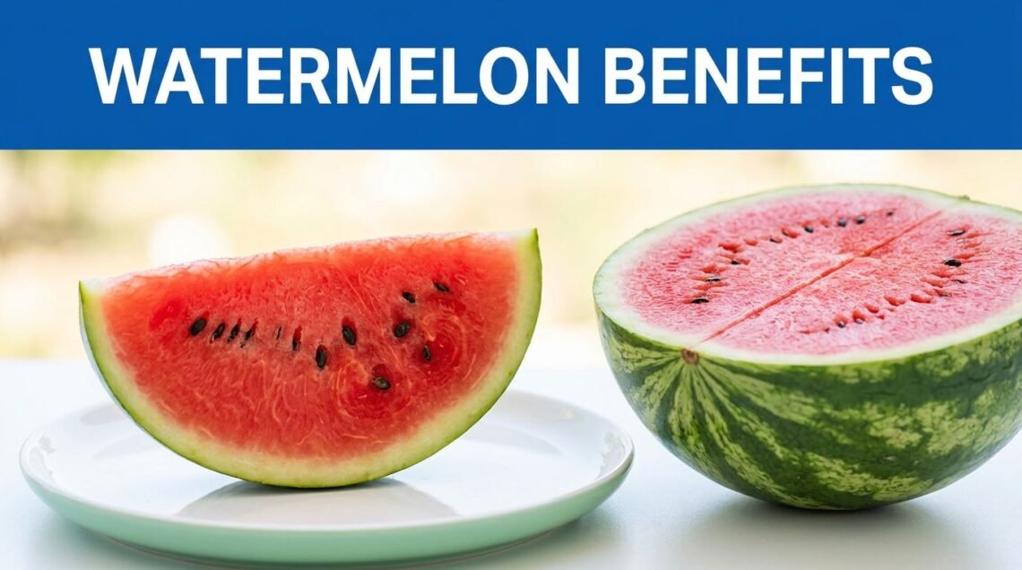 A red watermelon slice on a white plate beside a sliced watermelon half.