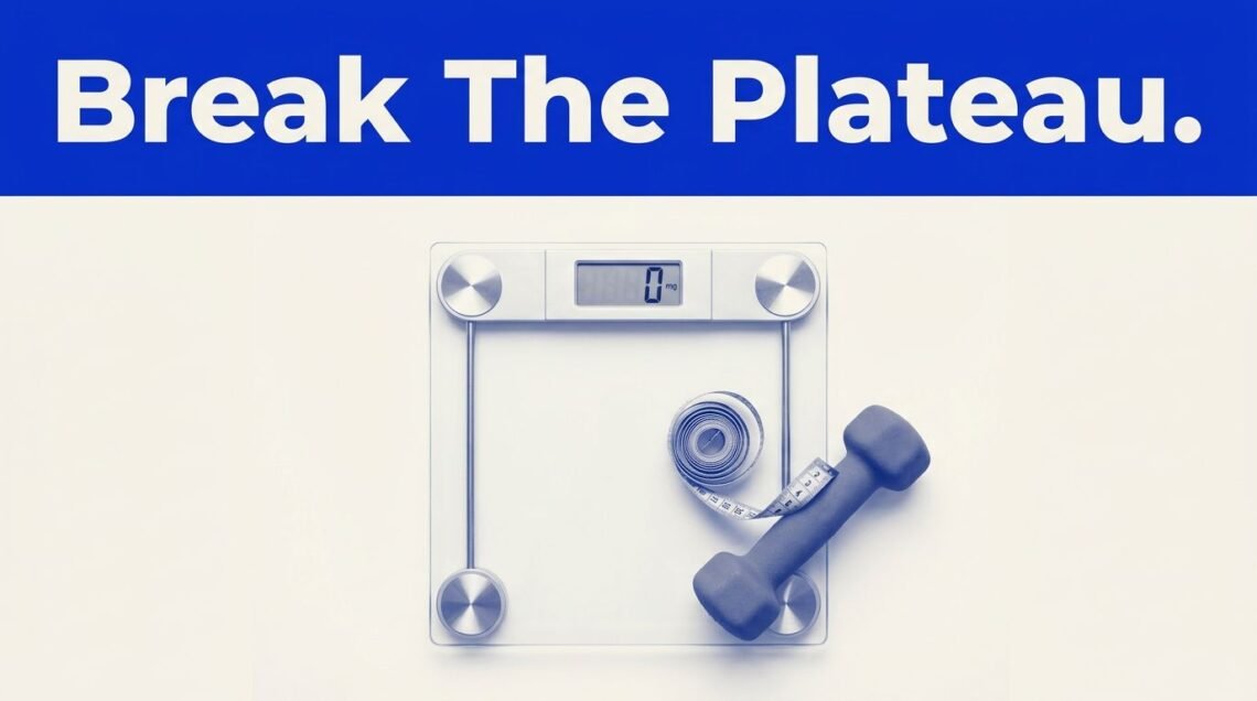 A digital scale beside a coiled measuring tape and small dumbbell under a blue headline.