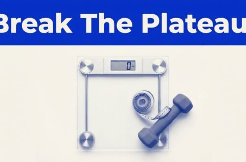 A digital scale beside a coiled measuring tape and small dumbbell under a blue headline.