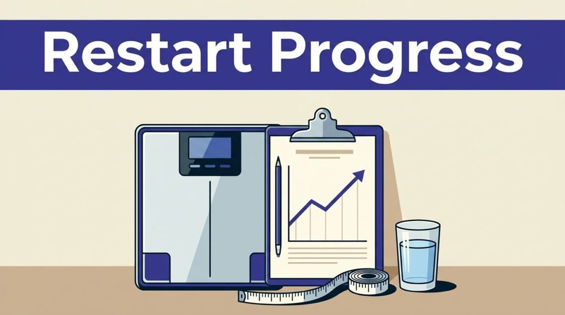A digital scale, rising chart, measuring tape, and water glass sit beneath a Restart Progress banner.