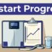 A digital scale, rising chart, measuring tape, and water glass sit beneath a Restart Progress banner.