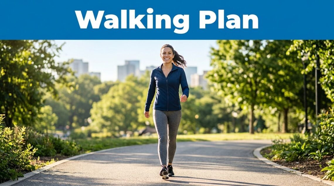 A woman walks along a sunny park path beneath a blue Walking Plan banner.