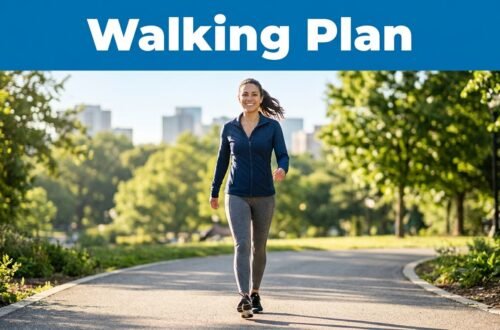 A woman walks along a sunny park path beneath a blue Walking Plan banner.