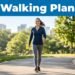 A woman walks along a sunny park path beneath a blue Walking Plan banner.