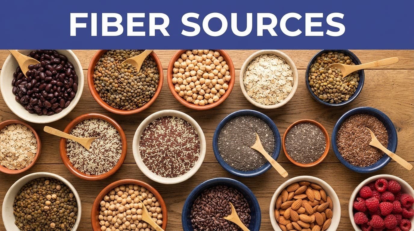 Bowls of legumes, seeds, and whole grains on a wooden table beneath an indigo headline band.