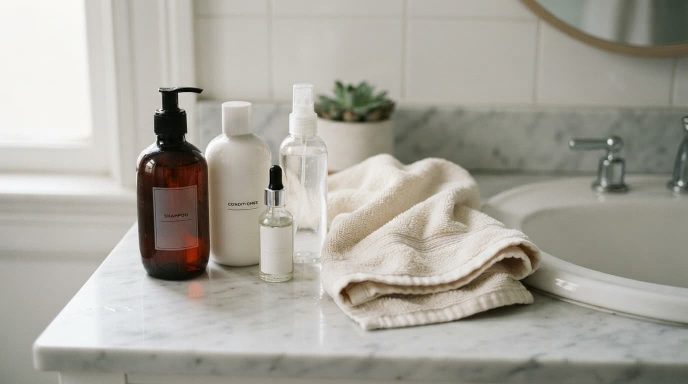 Hair care bottles and a soft towel on a clean bathroom counter.