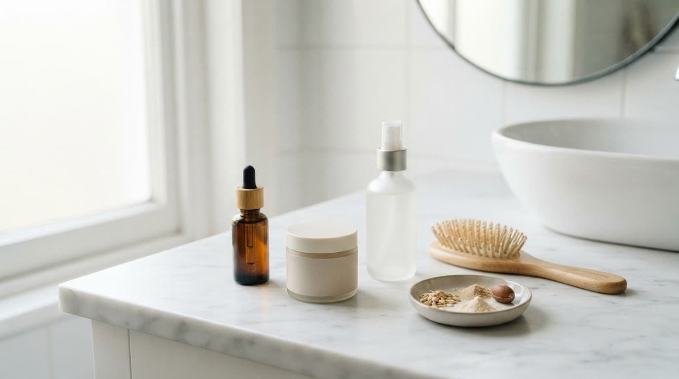 Hair care bottles and jars arranged on a bright bathroom counter.