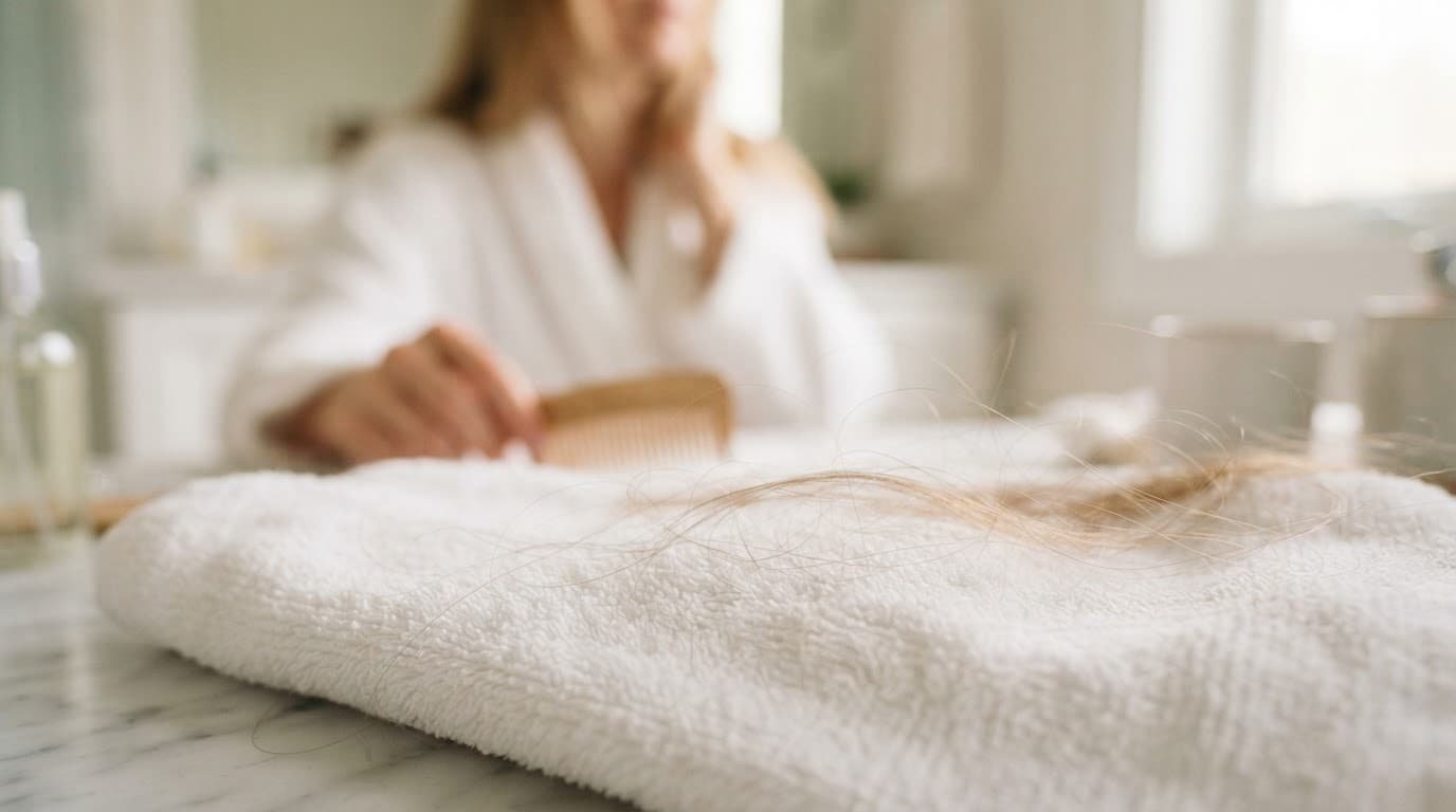 Fine hair strands lie on a soft towel in a bright bathroom.