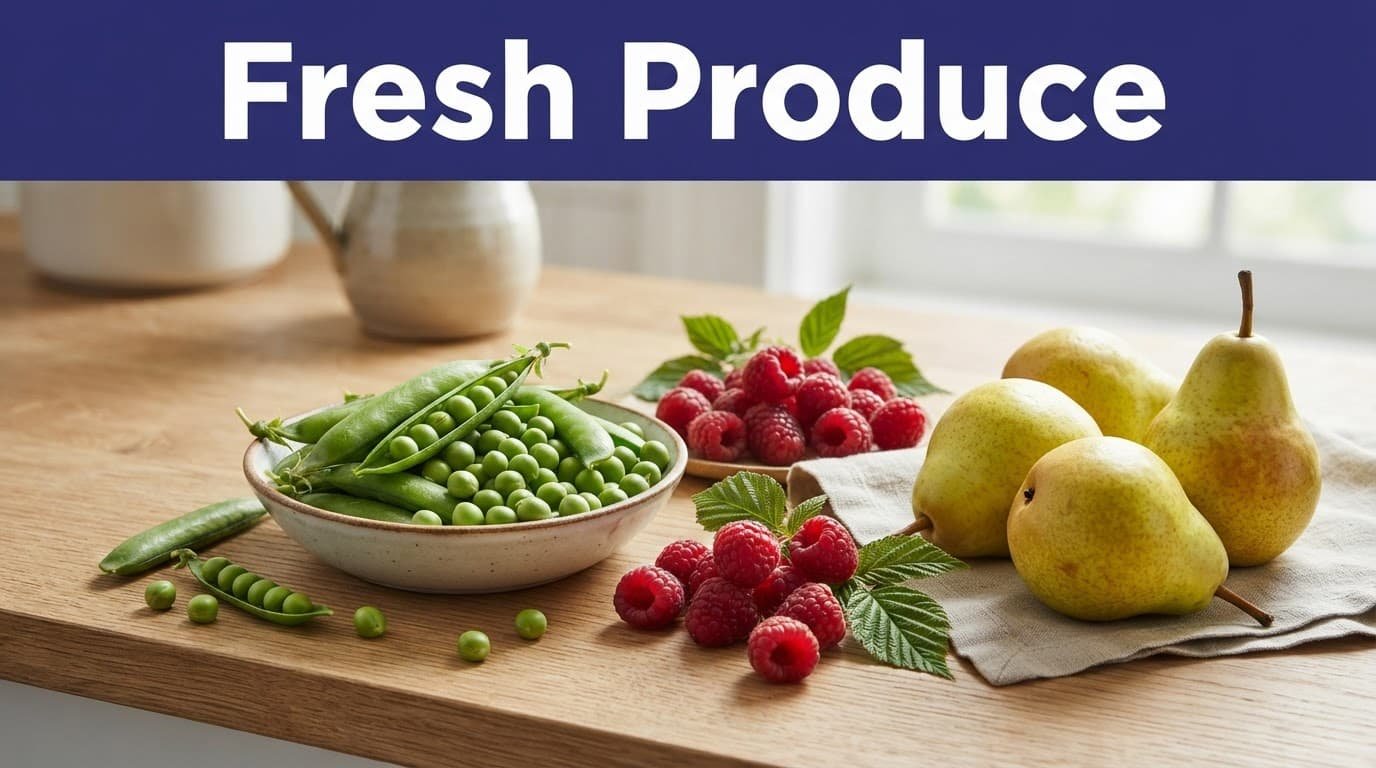 Fresh peas, raspberries, and pears arranged beneath a Fresh Produce headline.