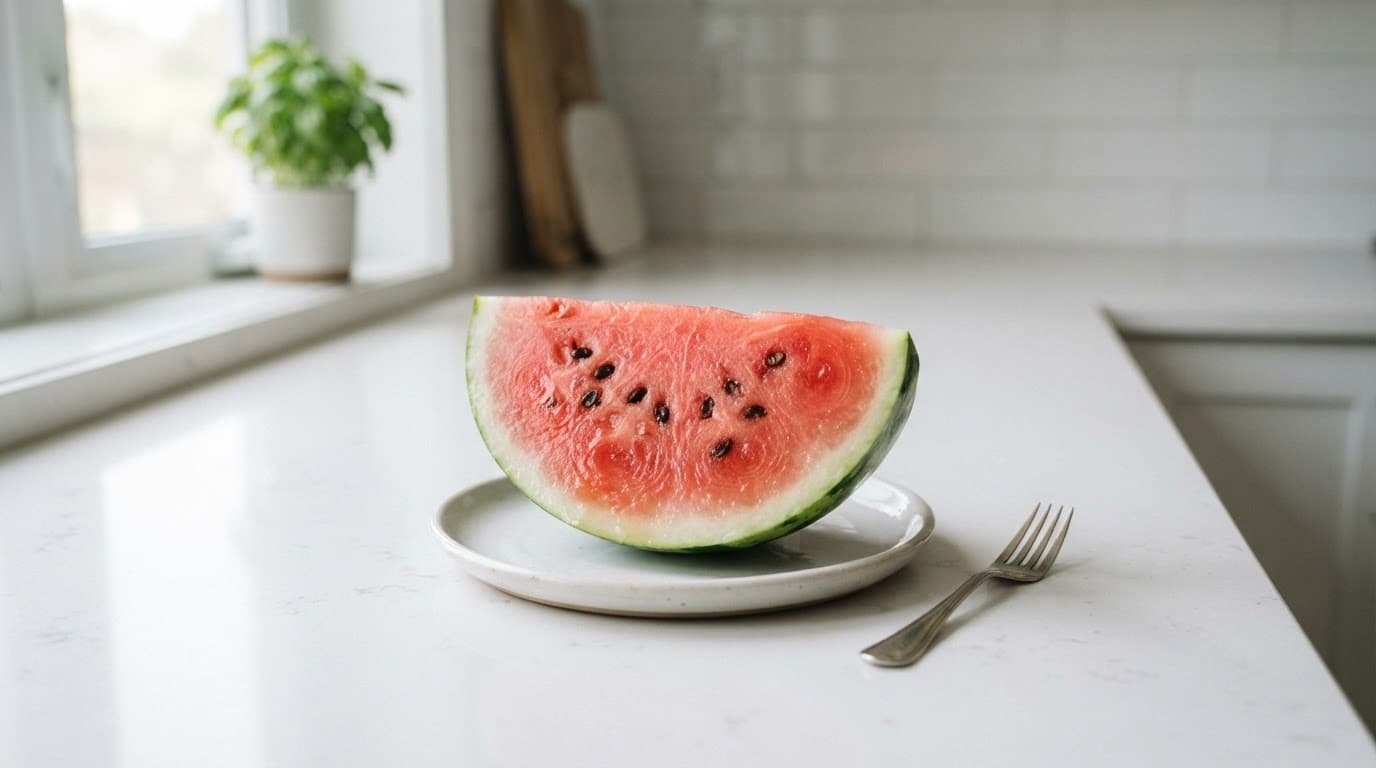 Fresh watermelon slices on a clean kitchen counter in bright light.