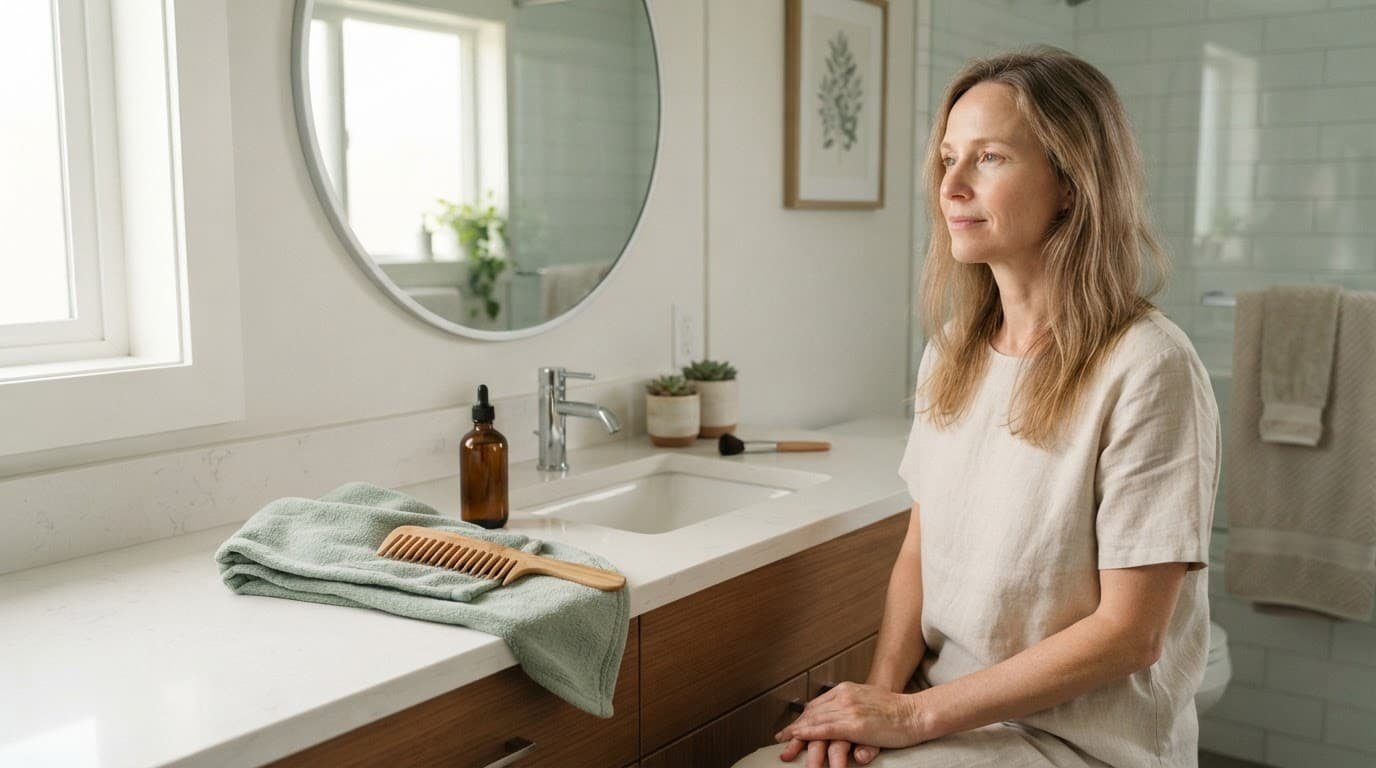 Bathroom vanity with a towel, wide tooth comb, and hair care bottle.