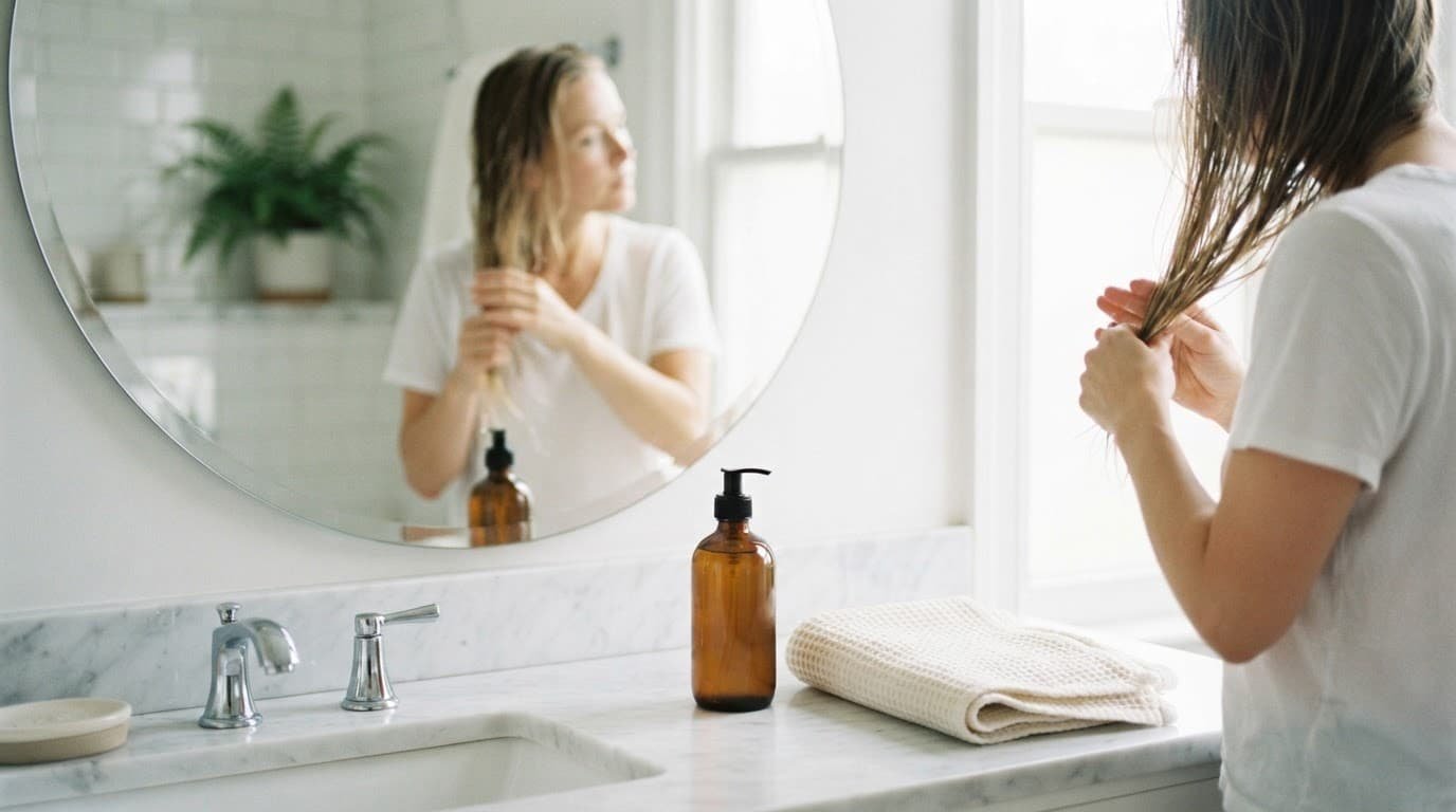 Hair treatment and a folded towel sit on a bright bathroom counter with one reflection.